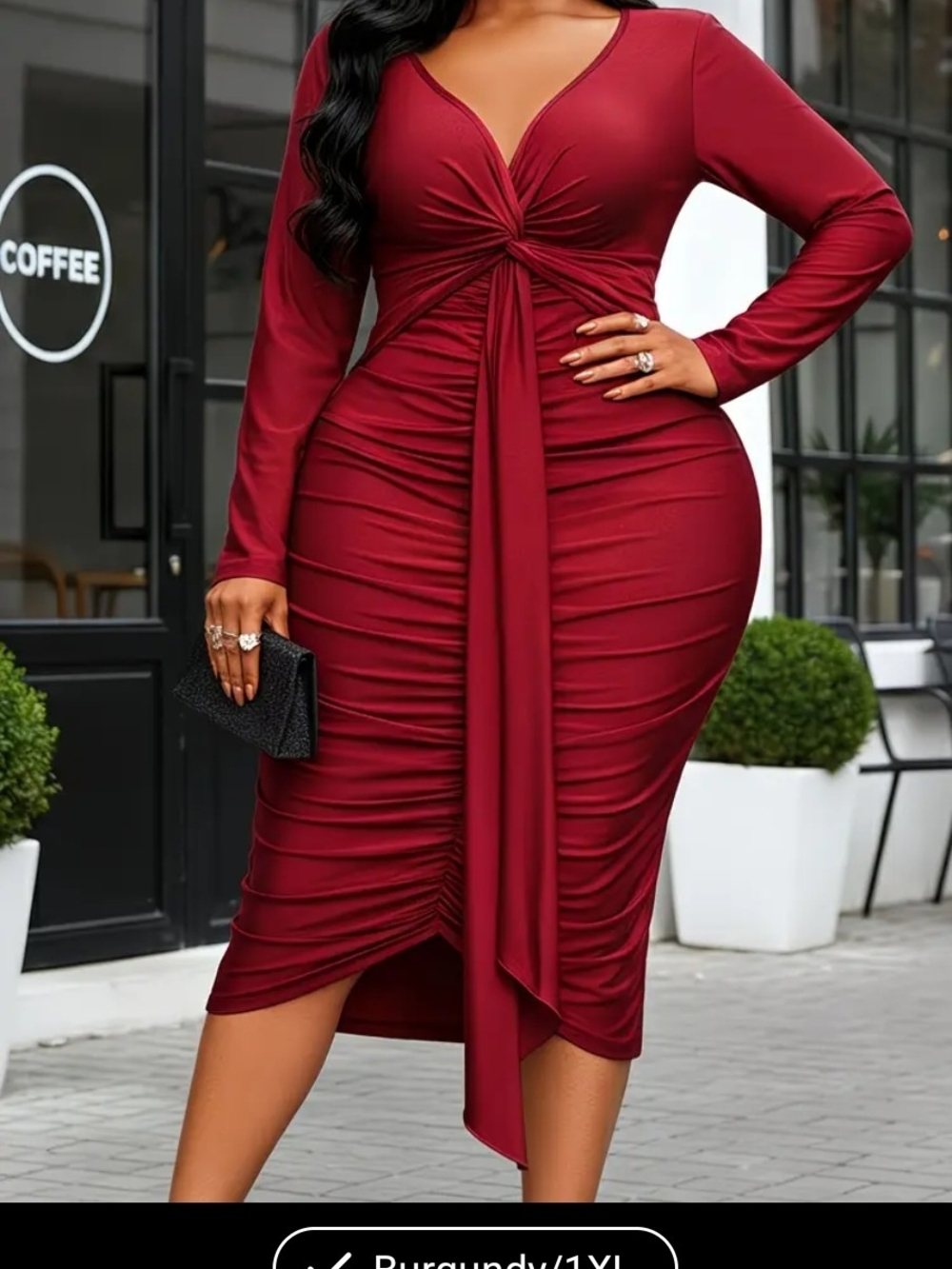 Elegant Burgundy Long-Sleeve Ruched Midi Dress with Front Tie